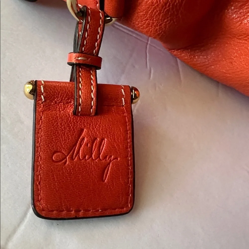 🔥 Milly Orange Coral Leather Carryall Hobo Shoulder Bag Gold Studs Suede Accent